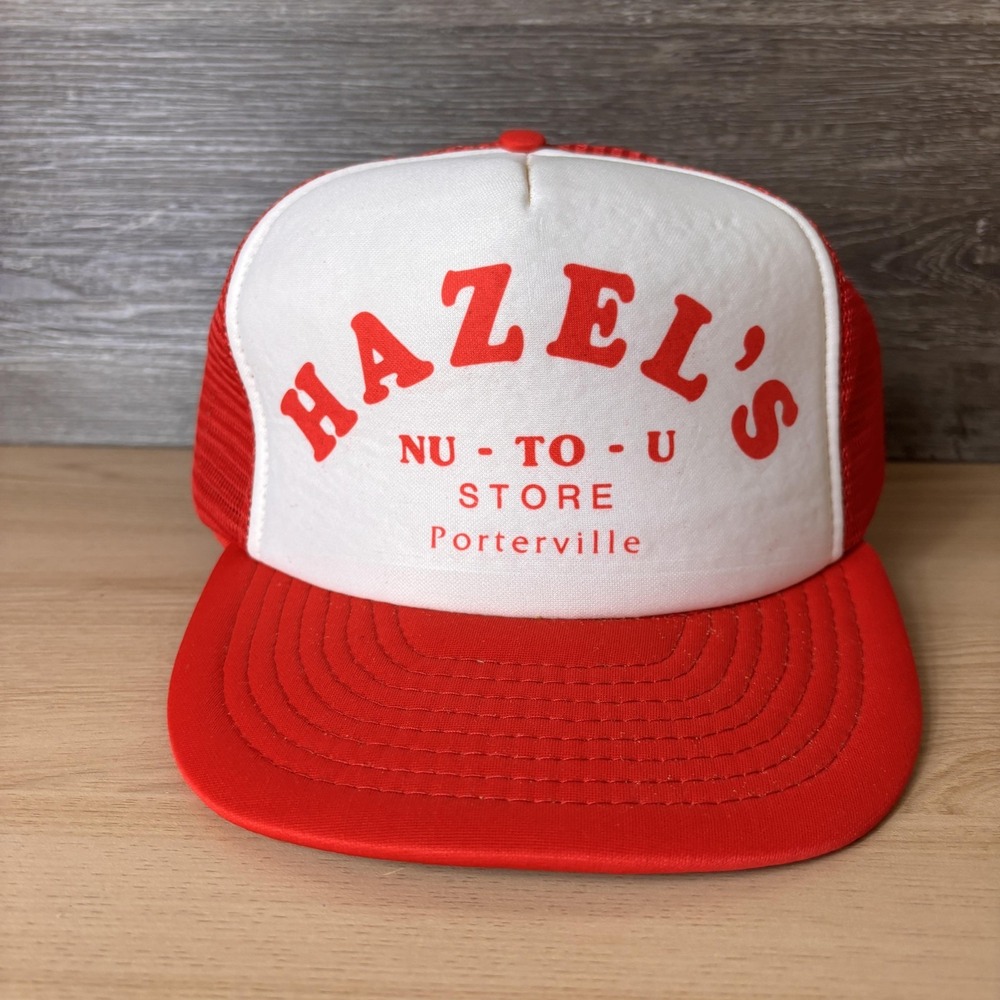 Hazel's Nu-To-U Store Porterville Hat Cap Snap Back Red White Trucker Mesh Mens